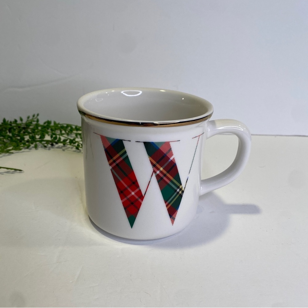 Pottery Barn Stewart Plaid Ceramic W Monogram Coffee Mug Red White Green